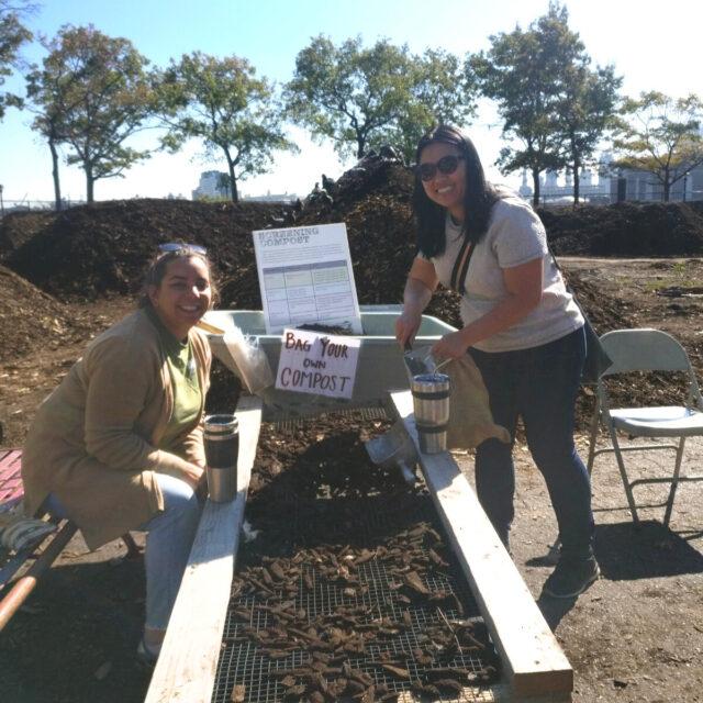 Two people sifting compost. Sifter table is in the foreground and wheelbarrow in the background.